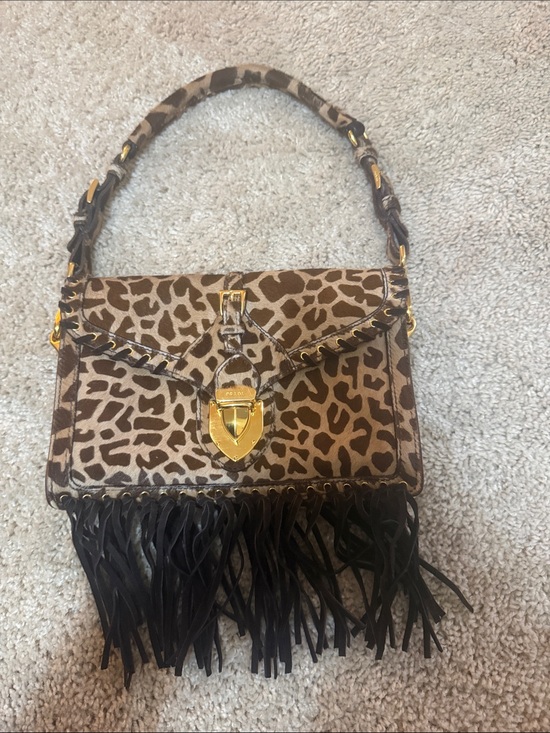 Prada Handbags - Prada Leopard-Print Shoulder Bag with Black Fringe and Gold Hardware